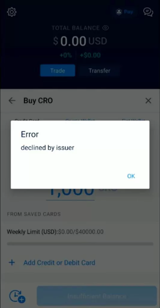 Crypto.com Card Declined by Issuer