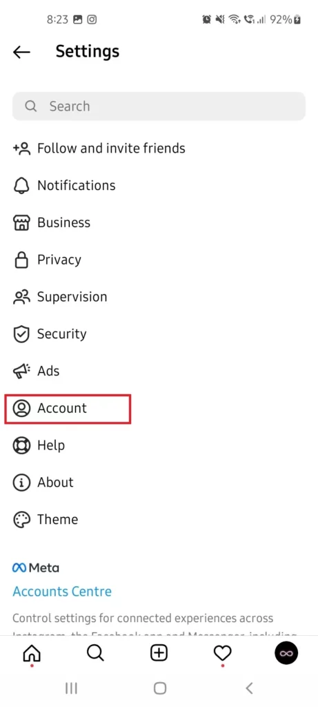 Account option on instagram 