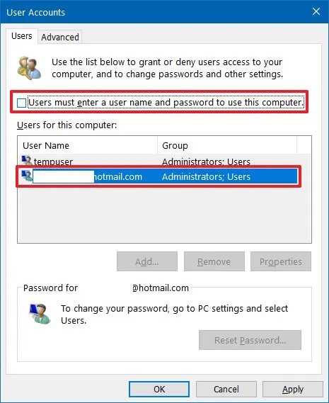 Remove Login Password from Windows 10
